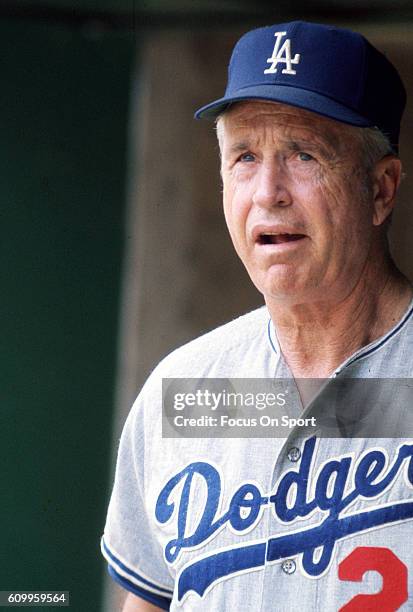 Manager Walter Alston of the Los Angeles Dodgers looks on from the dugout during an Major League Baseball game circa 1968. Alston managed the Dodgers...
