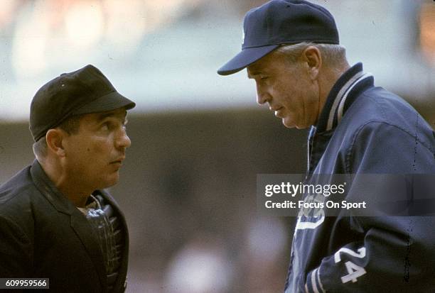 Manager Walter Alston of the Los Angeles Dodgers talks with the home plate umpire during an Major League Baseball game circa 1968. Alston managed the...