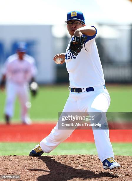 Bo Takahashi of Team Brazil pitches in the bottom of the first inning during Game 3 of the 2016 World Baseball Classic Qualifier at MCU Park on...