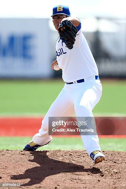 Bo Takahashi of Team Brazil pitches in the bottom of the first inning during Game 3 of the 2016 World Baseball Classic Qualifier at MCU Park on...