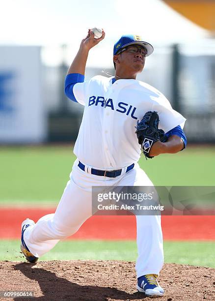 Bo Takahashi of Team Brazil pitches in the bottom of the first inning during Game 3 of the 2016 World Baseball Classic Qualifier at MCU Park on...