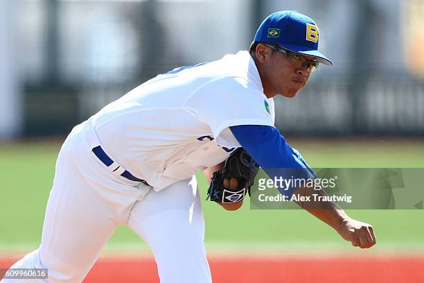Bo Takahashi of Team Brazil pitches in the bottom of the first inning during Game 3 of the 2016 World Baseball Classic Qualifier at MCU Park on...