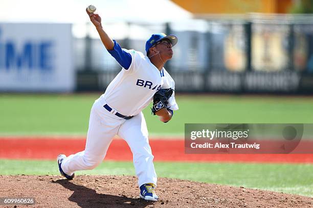 Bo Takahashi of Team Brazil pitches in the bottom of the first inning during Game 3 of the 2016 World Baseball Classic Qualifier at MCU Park on...