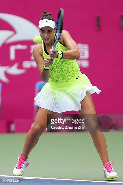 Ana Konjuh of Croatia returns a shot against Jelena Jankovic of Serbia on Day 5 of WTA Guangzhou Open on September 23, 2016 in Guangzhou, China.
