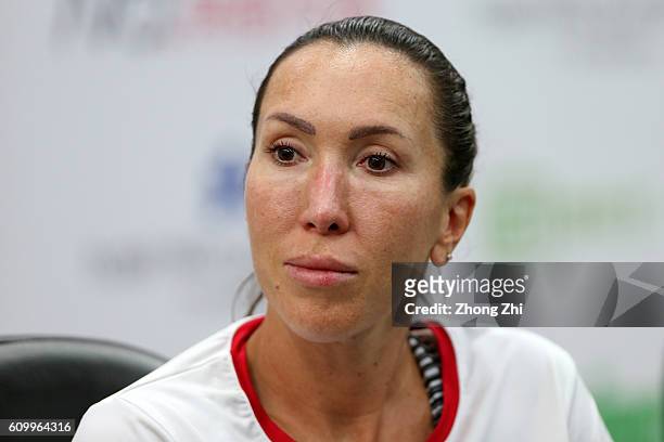 Jelena Jankovic of Serbia speaks to media after the match against Ana Konjuh of Croatia on Day 5 of WTA Guangzhou Open on September 23, 2016 in...