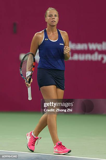 Anett Kontaveit of Estonia celebrates a point during the match against Lesia Tsurenko of Ukraine on Day 5 of WTA Guangzhou Open on September 23, 2016...