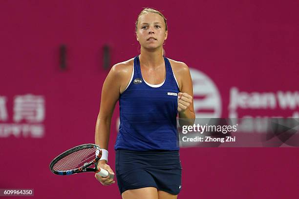 Anett Kontaveit of Estonia celebrates a point during the match against Lesia Tsurenko of Ukraine on Day 5 of WTA Guangzhou Open on September 23, 2016...