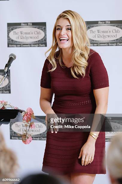 Author/Television personality Daphne Oz speaks to an audience before signing copies of her new book "The Happy Cook" at Women's Club Of Ridgewood on...
