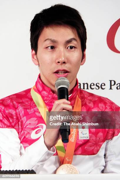 Swimming Men's 50m Freestyle - S9 bronze medalist Takuro Yamada speaks during the Japanese medalists Press conference on day 9 of the Rio 2016...