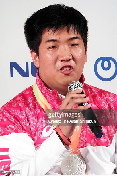 Athletics Men's 1500m and Men's 400m T52 silver medalists Tomoki Sato speaks during the Japanese medalists Press conference on day 9 of the Rio 2016...