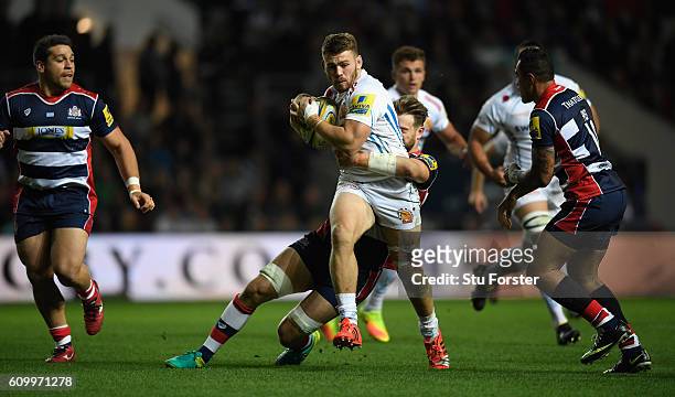 Chiefs player Luke Cowan-Dickie makes a break during the Aviva Premiership match between Bristol Rugby and Exeter Chiefs at Ashton Gate on September...