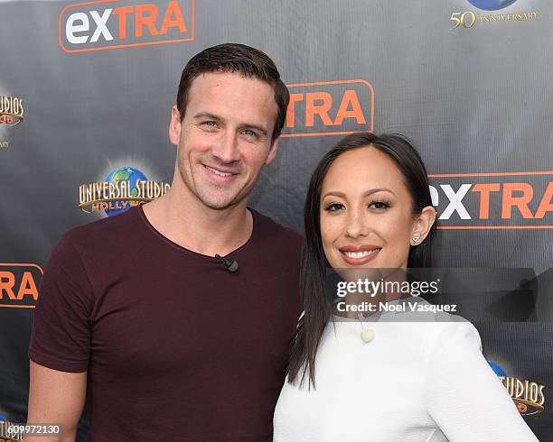 Ryan Lochte and Cheryl Burke visit "Extra" at Universal Studios Hollywood on September 23, 2016 in Universal City, California.