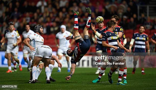 Chiefs wing Ian Whitten tackles Ryan Edwards of Bristol in mid air and is sin binned during the Aviva Premiership match between Bristol Rugby and...