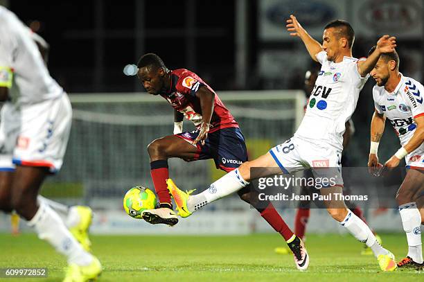 Joseph Romeric LOPY of Clermont and Vincent GRAGNIC of Strasbourg during the Ligue 2 match between Clermont Foot and RC Strasbourg Alsace at Stade...