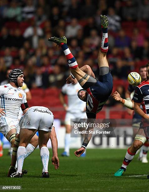 Chiefs wing Ian Whitten tackles Ryan Edwards of Bristol in mid air and is sin binned during the Aviva Premiership match between Bristol Rugby and...