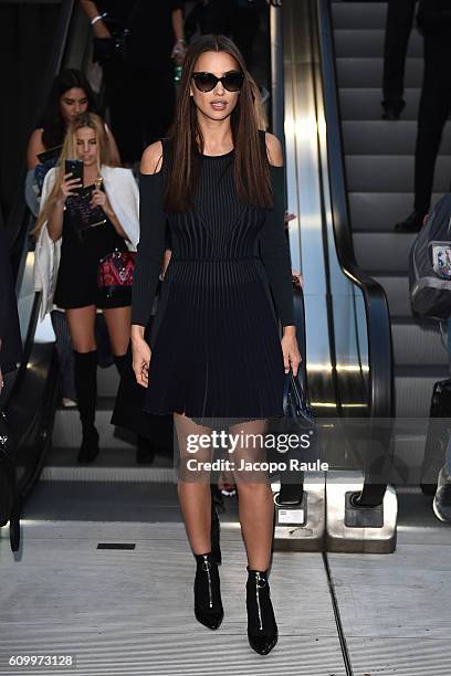 Irina Shayk is seen leaving the Versace show during Milan Fashion Week Spring/Summer 2017 on September 23, 2016 in Milan, Italy.