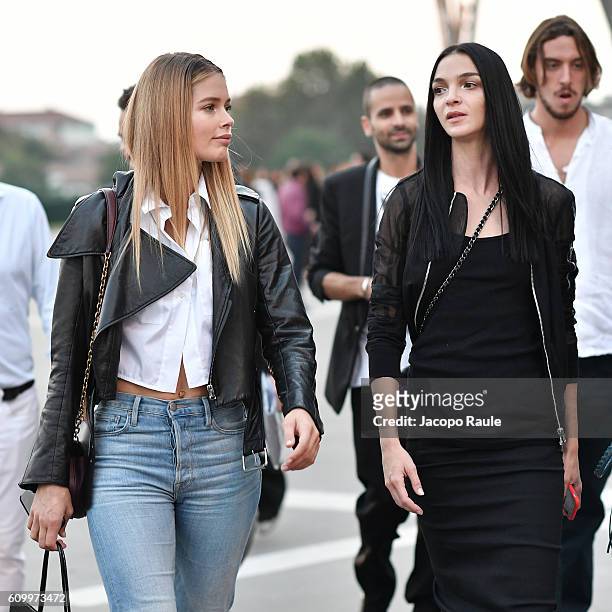 Doutzen Kroes and Mariacarla Boscono are seen leaving the Versace show during Milan Fashion Week Spring/Summer 2017 on September 23, 2016 in Milan,...