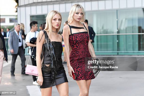 Caroline Vreeland and Shea Marie are seen leaving the Versace show during Milan Fashion Week Spring/Summer 2017 on September 23, 2016 in Milan, Italy.