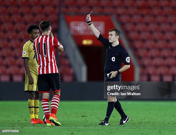 Harley Willard of Southampton is red carded and sent off during the Premier League 2 match between Southampton v Tottenham Hotspur at St Mary's...