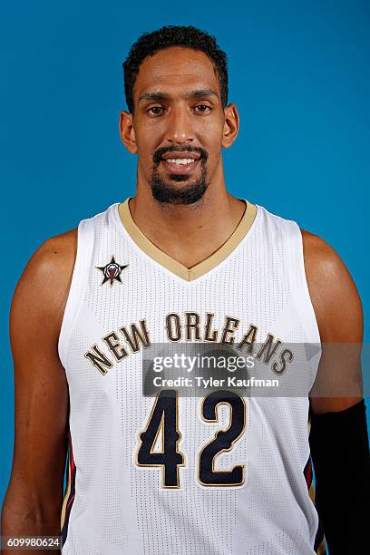 Alexis Ajinca of the New Orleans Pelicans poses for a head shot during the 2016-2017 NBA Media Day on September 23, 2016 at the Smoothie King Center...