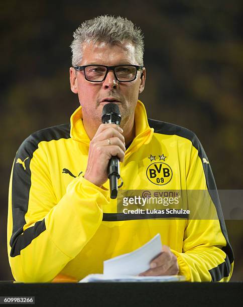Norbert Dickel of Dortmund is seen prior to the Bundesliga match between Borussia Dortmund and SC Freiburg at Signal Iduna Park on September 23, 2016...