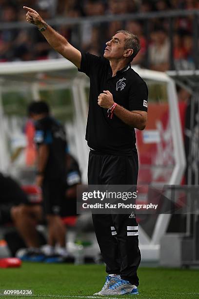 Nagoya Grampus manager Bosko Djurovski instructs the players during the J. League match between Nagoya Grampus and Gamba Osaka at the Toyota Stadium...