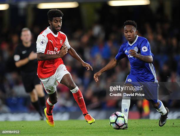 Gedion Zelalem of Arsenal takes on Josimar Quintero of Chelsea during the match between Chelsea U23 and Arsenal U23 at Stamford Bridge on September...