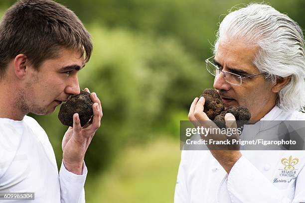 Chef Xavier Mathieu and Kevin Jacques are photographed for Le Figaro Magazine on June 16, 2016 truffle picking in Methamis, France. CREDIT MUST READ:...