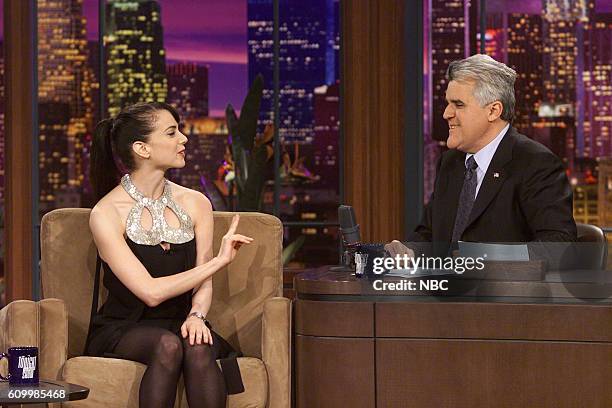 Episode 2638 -- Pictured: Actress Mia Kirshner during an interview with host Jay Leno on January 27, 2004 --