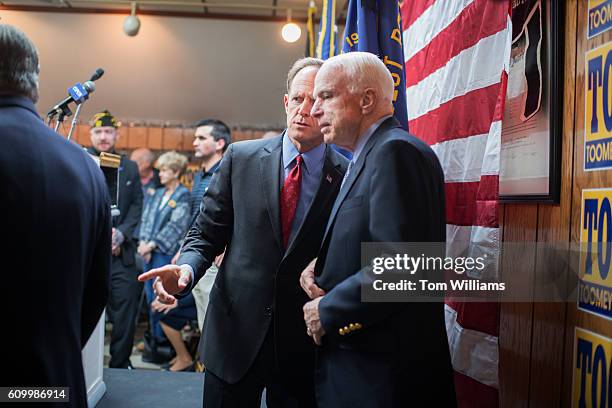 Sen. Pat Toomey, R-Pa., left, talks with Sen. John McCain, R-Ariz., during a campaign event at the Herbert W. Best VFW Post 928 in Folsom, Pa.,...