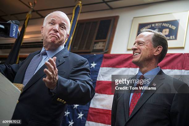 Sens. John McCain, R-Ariz., left, speaks during a campaign event for Sen. Pat Toomey, R-Pa., at the Herbert W. Best VFW Post 928 in Folsom, Pa.,...
