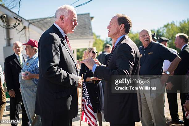 Sen. Pat Toomey, R-Pa., right, talks with Rep. Patrick Meehan, R-Pa., during a campaign event for Toomey at the Herbert W. Best VFW Post 928 in...