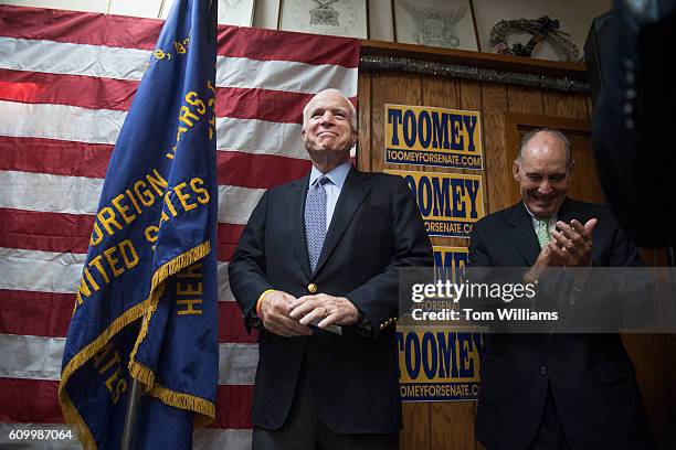 Sen. John McCain, R-Ariz., attends a campaign event for Sen. Pat Toomey, R-Pa., off camera, at the Herbert W. Best VFW Post 928 in Folsom, Pa.,...