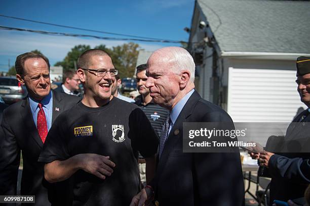 Sens. Pat Toomey, R-Pa., left, and John McCain, R-Ariz., attend a campaign event for Toomey at the Herbert W. Best VFW Post 928 in Folsom, Pa.,...