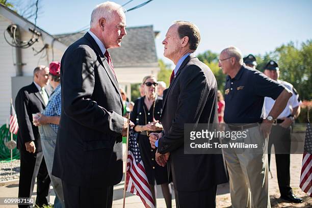 Sen. Pat Toomey, R-Pa., right, talks with Rep. Patrick Meehan, R-Pa., during a campaign event for Toomey at the Herbert W. Best VFW Post 928 in...