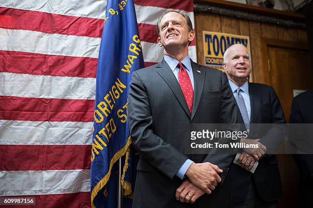 Sens. Pat Toomey, R-Pa., left, and John McCain, R-Ariz., attend a campaign event for Toomey at the Herbert W. Best VFW Post 928 in Folsom, Pa.,...