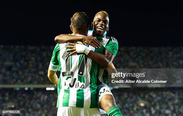 Joaquin Sanchez of Real Betis Balompie celebrates after scoring with Charly Musonda of Real Betis Balompie during the match between Real Betis...