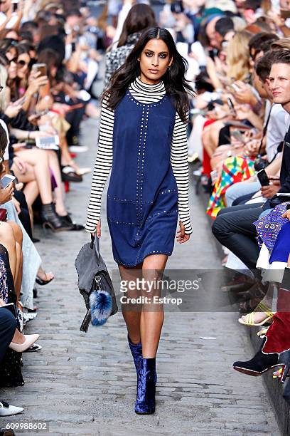 Model walks the runway at the Rebecca Minkoff show at The Gallery, Skylight at Clarkson Sq on September 10, 2016 in New York City.