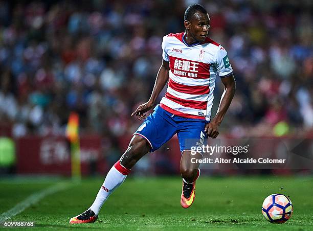 Uche Henry Agbo of Granada CF in action during the match between Granada CF vs SD Eibar as part of La Liga at Nuevo los Carmenes Stadium on September...