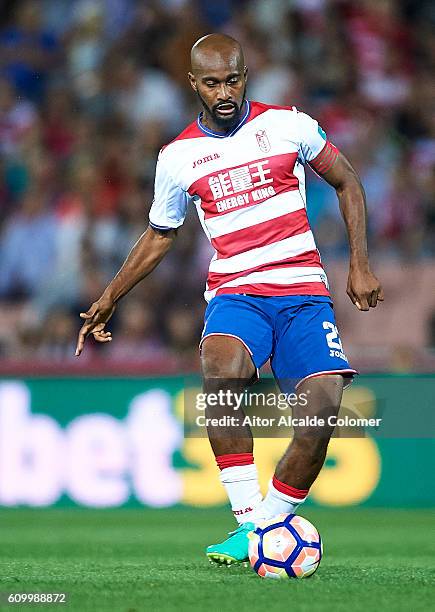 Dimitri Foulquier of Granada CF in action during the match between Granada CF vs SD Eibar as part of La Liga at Nuevo los Carmenes Stadium on...