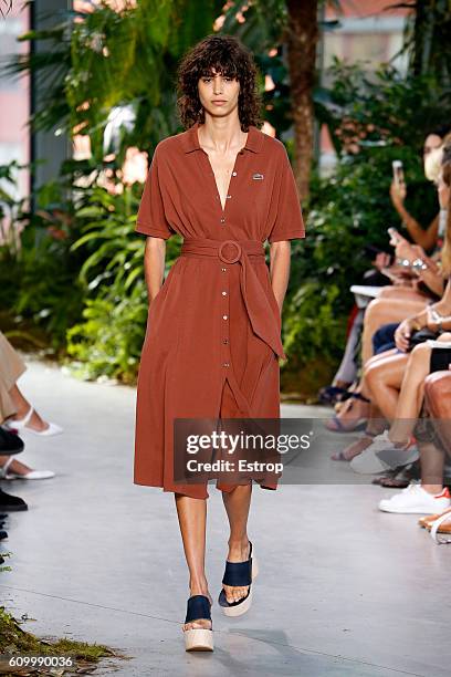 Model walks the runway at the Lacoste designed by Felipe Oliveira Baptista show at Spring Studios on September 10, 2016 in New York City.