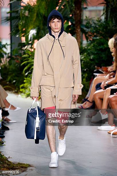 Model walks the runway at the Lacoste designed by Felipe Oliveira Baptista show at Spring Studios on September 10, 2016 in New York City.