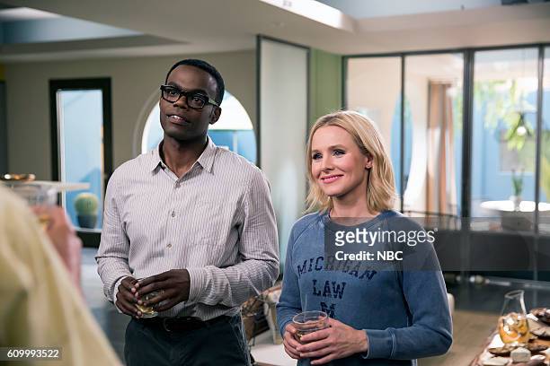 Category 55 Emergency Doomsday Crisis" Episode 109 -- Pictured: William Jackson Harper as Chidi, Kristen Bell as Eleanor --