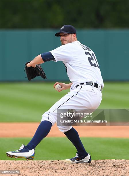 Mark Lowe of the Detroit Tigers throws a warm-up pitch during the game against the Los Angeles Angels of Anaheim at Comerica Park on August 28, 2016...