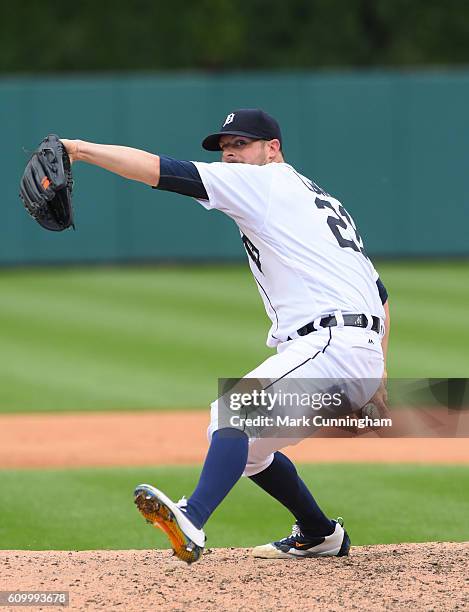 Mark Lowe of the Detroit Tigers throws a warm-up pitch during the game against the Los Angeles Angels of Anaheim at Comerica Park on August 28, 2016...