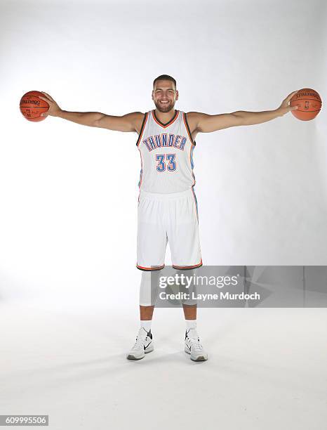 Mitch McGary of the Oklahoma City Thunder poses for a portrait during 2016 NBA Media Day on September 23, 2016 at the Chesapeake Energy Arena in...