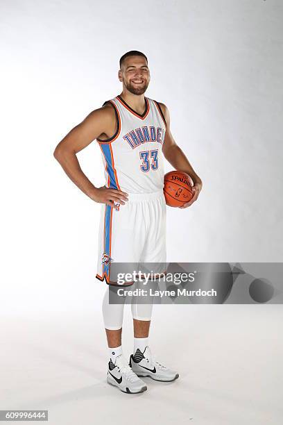 Mitch McGary of the Oklahoma City Thunder poses for a portrait during 2016 NBA Media Day on September 23, 2016 at the Chesapeake Energy Arena in...