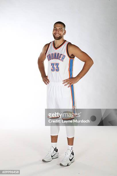Mitch McGary of the Oklahoma City Thunder poses for a portrait during 2016 NBA Media Day on September 23, 2016 at the Chesapeake Energy Arena in...