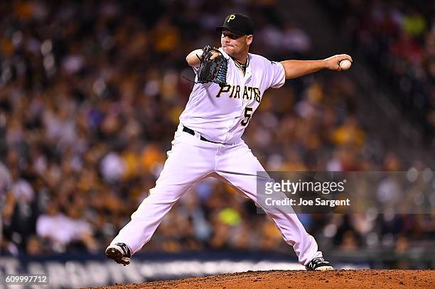 Phil Coke of the Pittsburgh Pirates pitches during the seventh inning against the Washington Nationals on September 23, 2016 at PNC Park in...