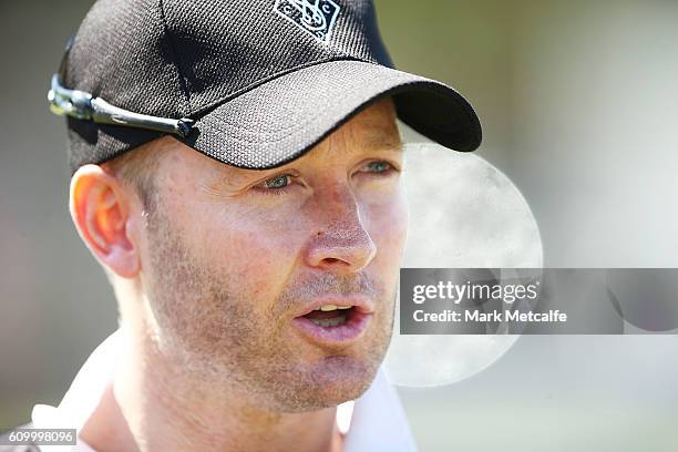Michael Clarke of Western Suburbs talks to the media during the innings break during the Mosman v Western Suburbs first grade match at Allan Border...